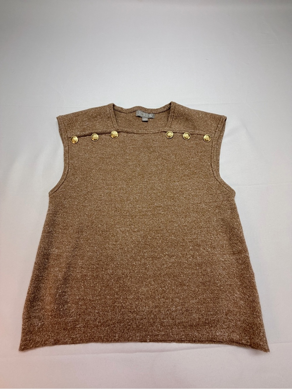 J.Crew Women’s M Merino Wool Linen Sweater Vest Gold Button Tan Sleeveless